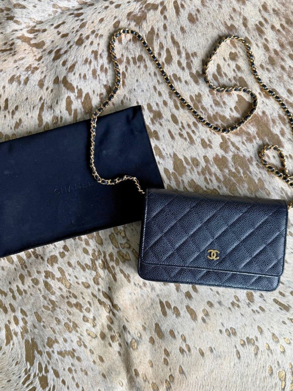 Authentic CHANEL Black Caviar Leather Wallet on Chain WOC Gold Hardware
